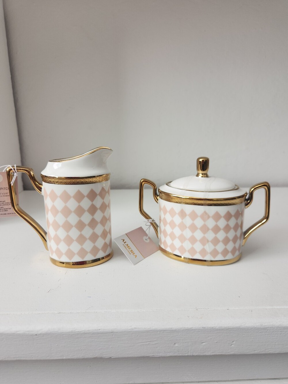 Porcelain Blush Diamond Harlequin Creamer and Sugar Set with Gold Trim